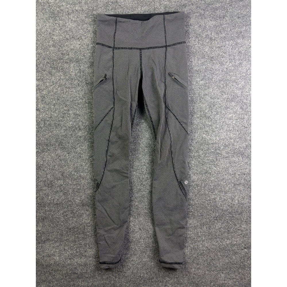 Lululemon Tight Leggings Womens 4 Black White Micro Dot Zipper Pockets High Rise
